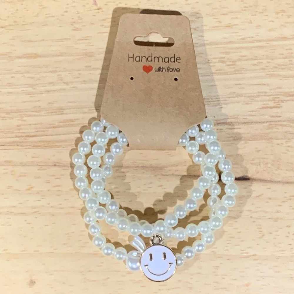 Handmade Faux Pearl Bracelet Set Womens 3pc Smiley Face Bow Coquette Kawaii OS